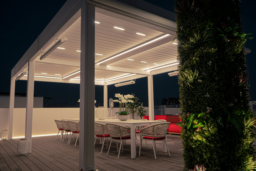 terrace pergola for a dining space with matching furniture