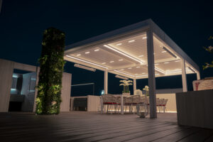 white aluminium pergola for terrace with lights